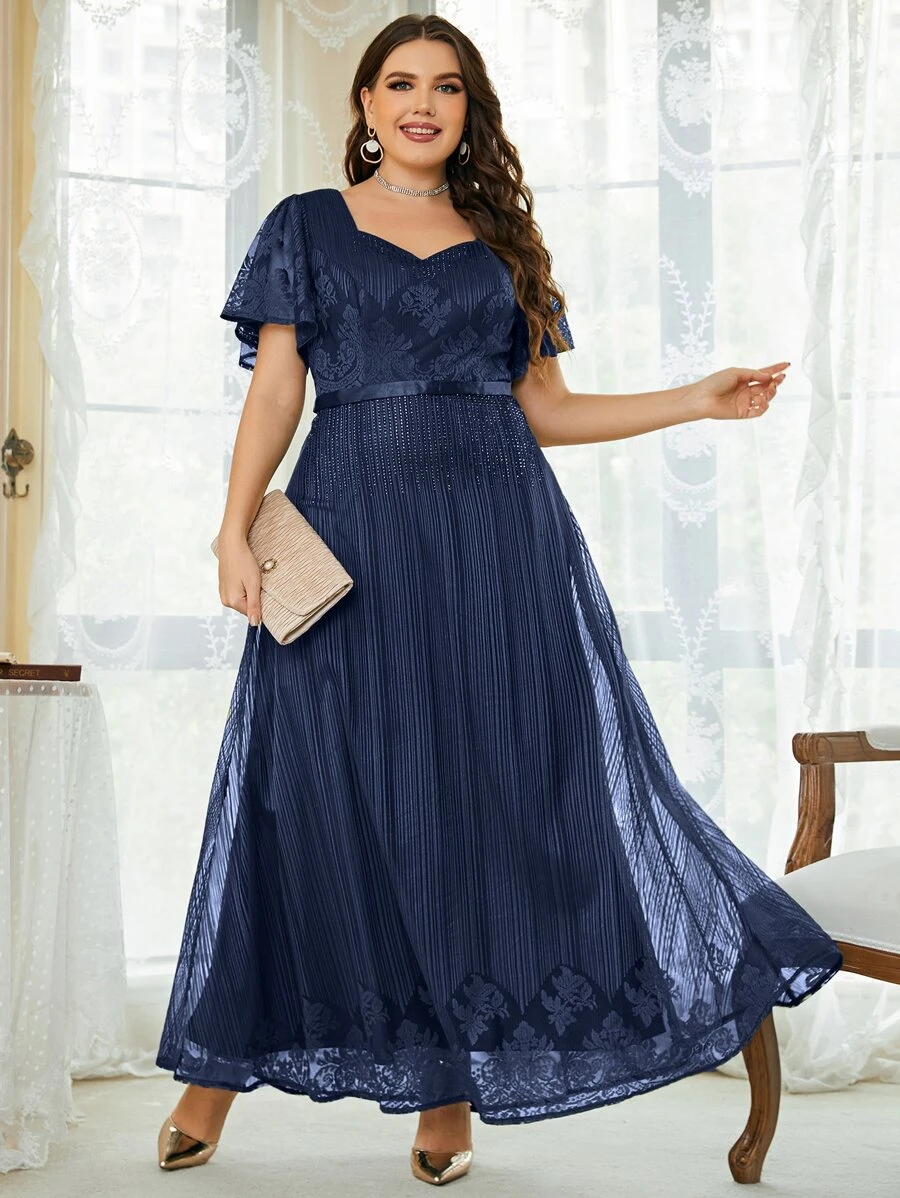 Plus Flutter Sleeve Sweetheart Neck Rhinestone Detail Lace Bridesmaid Dress - Navy Blue - View 1