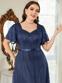 Plus Flutter Sleeve Sweetheart Neck Rhinestone Detail Lace Bridesmaid Dress - Navy Blue - View 3