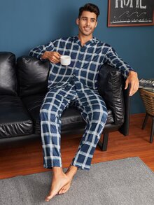 Men Lapel Plaid Button Front PJ Set - Navy Blue - View 3