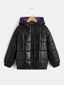 SHEIN Tween Boys Zip Up Hooded Padded Coat - Black - View 4