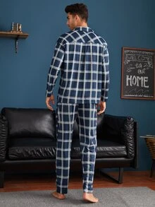 Men Lapel Plaid Button Front PJ Set - Navy Blue - View 2