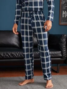 Men Lapel Plaid Button Front PJ Set - Navy Blue - View 6