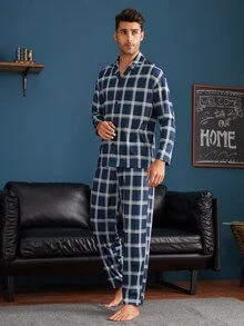 Men Lapel Plaid Button Front PJ Set - Navy Blue - View 4