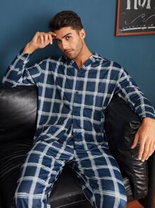 Men Lapel Plaid Button Front PJ Set - Navy Blue - View 5