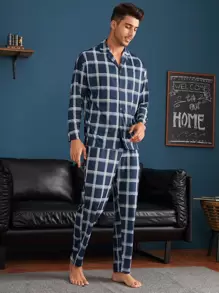 Men Lapel Plaid Button Front PJ Set - Navy Blue - View 1