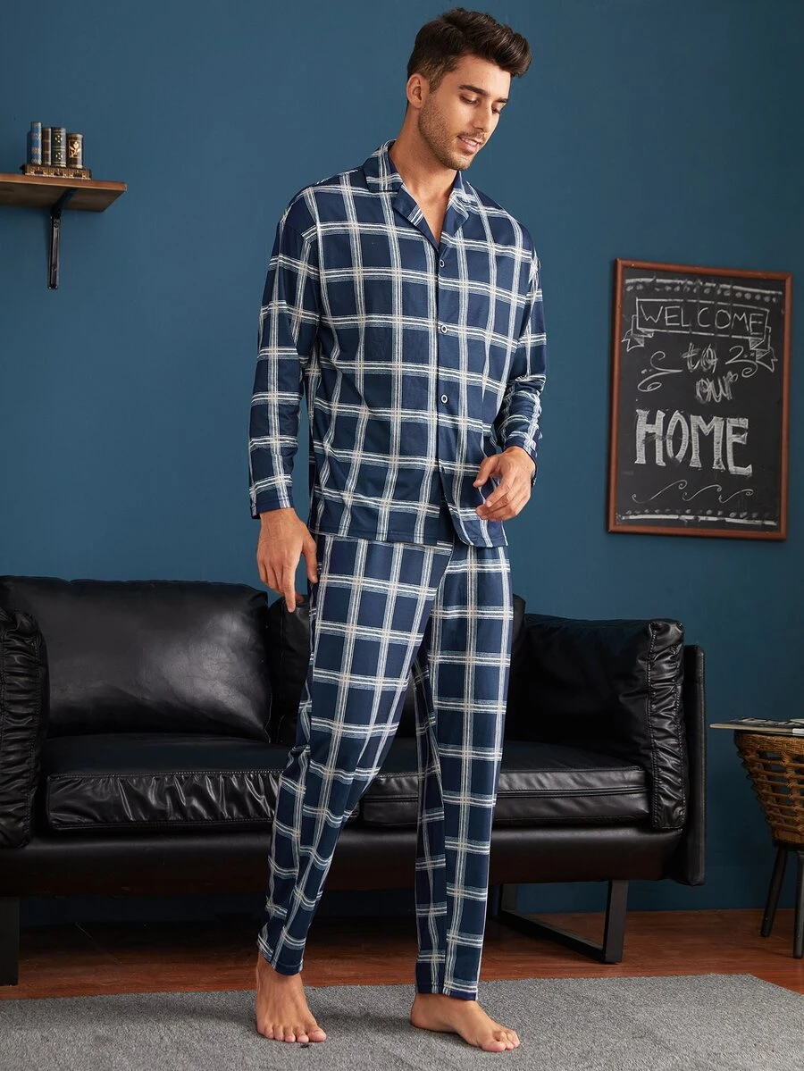 Men Lapel Plaid Button Front PJ Set - Navy Blue - View 1
