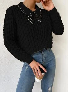 Chiquease Pointelle Knit Rhinestone Faux Pearl Sweater,Long Sleeve Tops Knit Pullover Fall Winter - Black - View 1