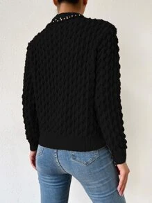 Chiquease Pointelle Knit Rhinestone Faux Pearl Sweater,Long Sleeve Tops Knit Pullover Fall Winter - Black - View 2