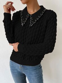 Chiquease Pointelle Knit Rhinestone Faux Pearl Sweater,Long Sleeve Tops Knit Pullover Fall Winter - Black - View 3