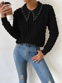 Chiquease Pointelle Knit Rhinestone Faux Pearl Sweater,Long Sleeve Tops Knit Pullover Fall Winter - Black - View 5