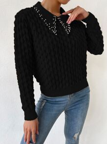 Chiquease Pointelle Knit Rhinestone Faux Pearl Sweater,Long Sleeve Tops Knit Pullover Fall Winter - Black - View 6