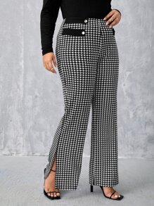 SHEIN Privé Pantalones acampanados con estampado de pata de gallo bajo con abertura - Blanco y Negro - Ver 4