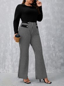 SHEIN Privé Pantalones acampanados con estampado de pata de gallo bajo con abertura - Blanco y Negro - Ver 5