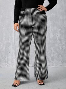 SHEIN Privé Pantalones acampanados con estampado de pata de gallo bajo con abertura - Blanco y Negro - Ver 6