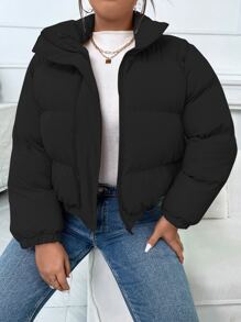 SHEIN Unity Plus Solid Slant Pockets Padded Padded Coat Clothes Winter - Black - View 1