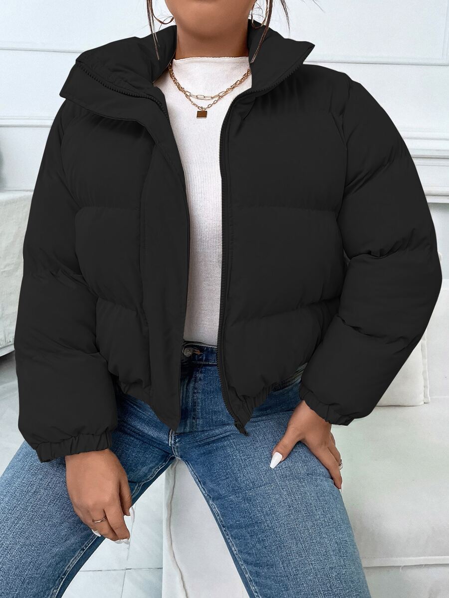 SHEIN Unity Plus Solid Slant Pockets Padded Padded Coat Clothes Winter - Black - View 1