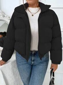 SHEIN Unity Plus Solid Slant Pockets Padded Padded Coat Clothes Winter - Black - View 3