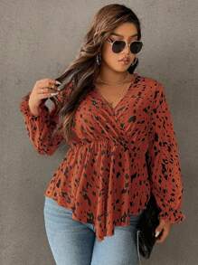 Calvaya Plus Allover Print Flounce Sleeve Peplum Blouse - Rust Brown - View 1