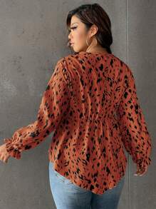 Calvaya Plus Allover Print Flounce Sleeve Peplum Blouse - Rust Brown - View 2