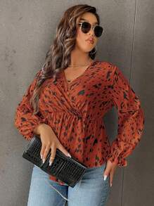 Calvaya Plus Allover Print Flounce Sleeve Peplum Blouse - Rust Brown - View 3