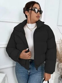 SHEIN Unity Plus Solid Slant Pockets Padded Padded Coat Clothes Winter - Black - View 6