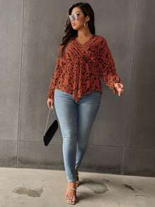 Calvaya Plus Allover Print Flounce Sleeve Peplum Blouse - Rust Brown - View 4