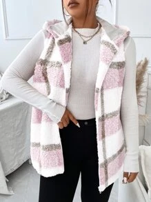 Plus Plaid Pattern Teddy Vest Coat, For Winter Fall Autumn - Pink - View 1