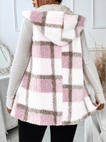 Plus Plaid Pattern Teddy Vest Coat, For Winter Fall Autumn - Pink - View 2