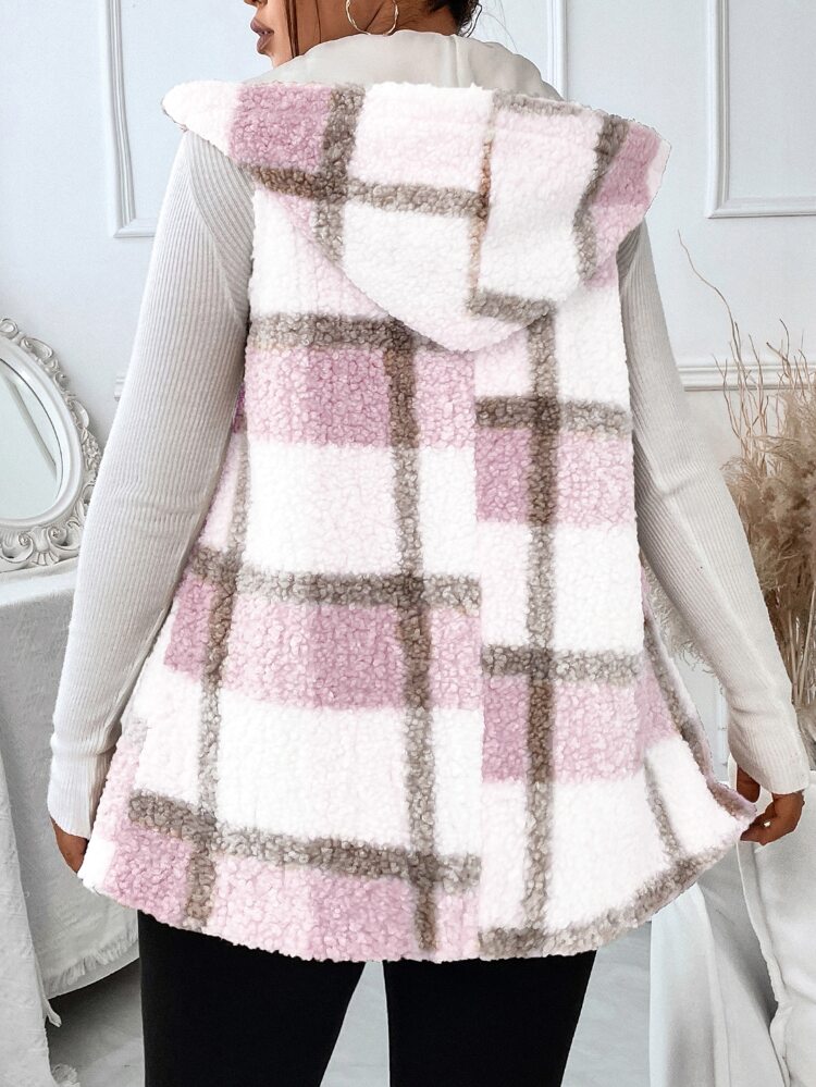 Plus Plaid Pattern Teddy Vest Coat, For Winter Fall Autumn