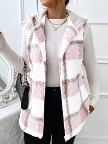 Plus Plaid Pattern Teddy Vest Coat, For Winter Fall Autumn - Pink - View 4