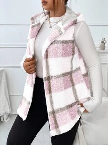 Plus Plaid Pattern Teddy Vest Coat, For Winter Fall Autumn - Pink - View 5