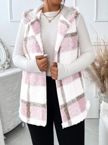Plus Plaid Pattern Teddy Vest Coat, For Winter Fall Autumn - Pink - View 6