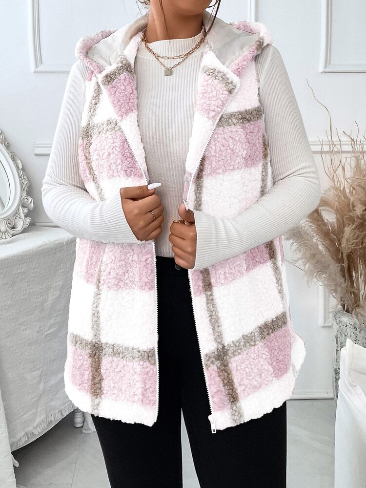 Plus Plaid Pattern Teddy Vest Coat, For Winter Fall Autumn
