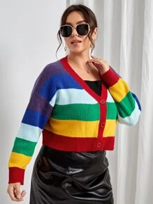 SHEIN Unity Plus Striped Button Front Cardigan - Multicolor - View 5