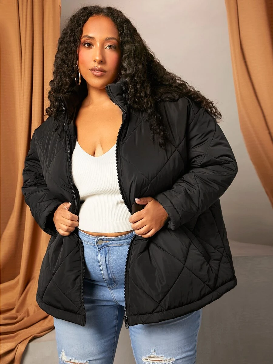 SHEIN CURVE+ Abrigo acolchado de hombros caídos cremallera - Negro - Ver 1