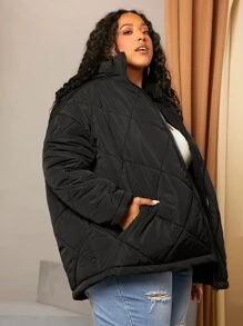 SHEIN CURVE+ Abrigo acolchado de hombros caídos cremallera - Negro - Ver 2