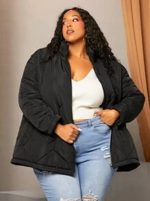 SHEIN CURVE+ Abrigo acolchado de hombros caídos cremallera - Negro - Ver 4