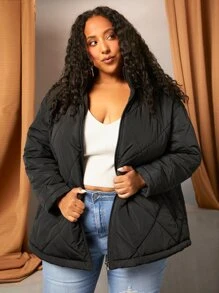 SHEIN CURVE+ Abrigo acolchado de hombros caídos cremallera - Negro - Ver 5