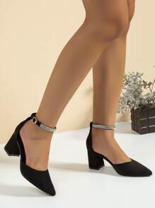 Rhinestone Decor Point Toe Chunky Heeled Faux Suede Ankle Strap Pumps - Black - View 2