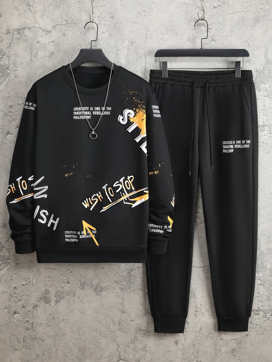 Manfinity Men Slogan Graphic Sweatshirt & Drawstring Waist Sweatpants - Black - View 1