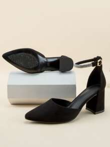 Rhinestone Decor Point Toe Chunky Heeled Faux Suede Ankle Strap Pumps - Black - View 3