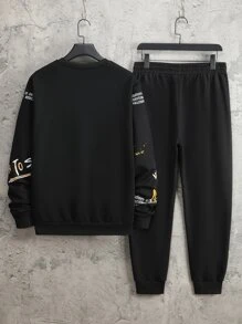 Manfinity Men Slogan Graphic Sweatshirt & Drawstring Waist Sweatpants - Black - View 2