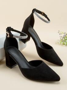 Rhinestone Decor Point Toe Chunky Heeled Faux Suede Ankle Strap Pumps - Black - View 4