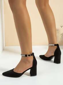 Rhinestone Decor Point Toe Chunky Heeled Faux Suede Ankle Strap Pumps - Black - View 6