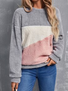 SHEIN LUNE Pullover teddy de color combinado de hombros caídos - Multicolor - Ver 1