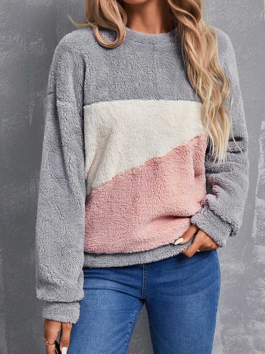 SHEIN LUNE Pullover teddy de color combinado de hombros caídos - Multicolor - Ver 1