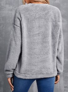 SHEIN LUNE Colour Block Drop Shoulder Teddy Pullover - Grey - View 2