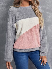 SHEIN LUNE Pullover teddy de color combinado de hombros caídos - Multicolor - Ver 3