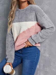 SHEIN LUNE Pullover teddy de color combinado de hombros caídos - Multicolor - Ver 4