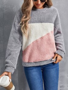 SHEIN LUNE Pullover teddy de color combinado de hombros caídos - Multicolor - Ver 5